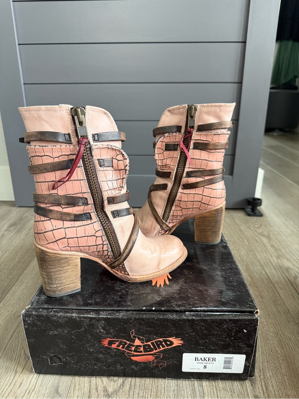 Freebird by Steven Baker Pink Croc-Texture Leather Ankle Boots